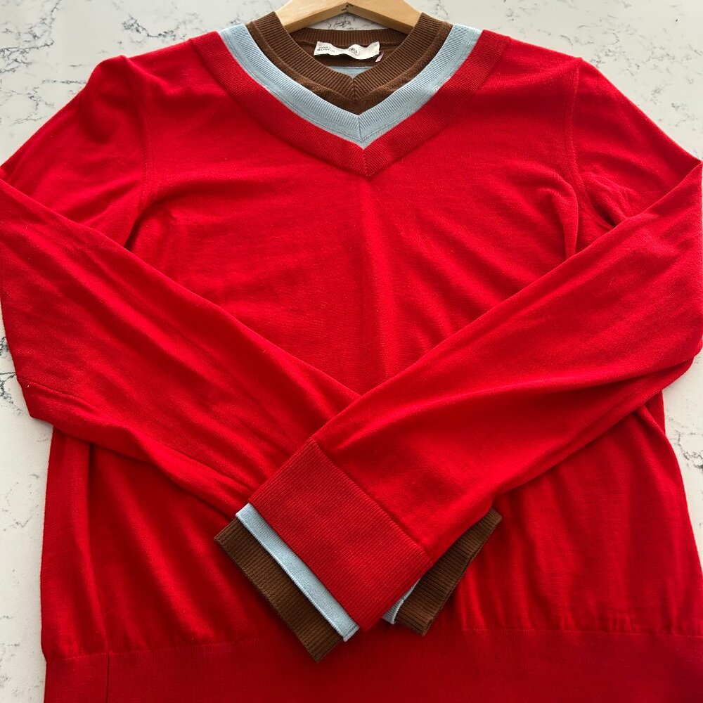 Veronica Beard Red V-Neck Colorblock Pullover Sweater